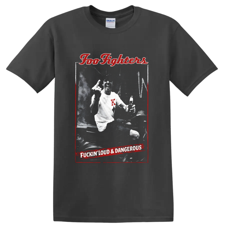 Dave Grohl scooter rider in distressed Foo Fighters red and black rock poster art on a Charcoal T Shirt