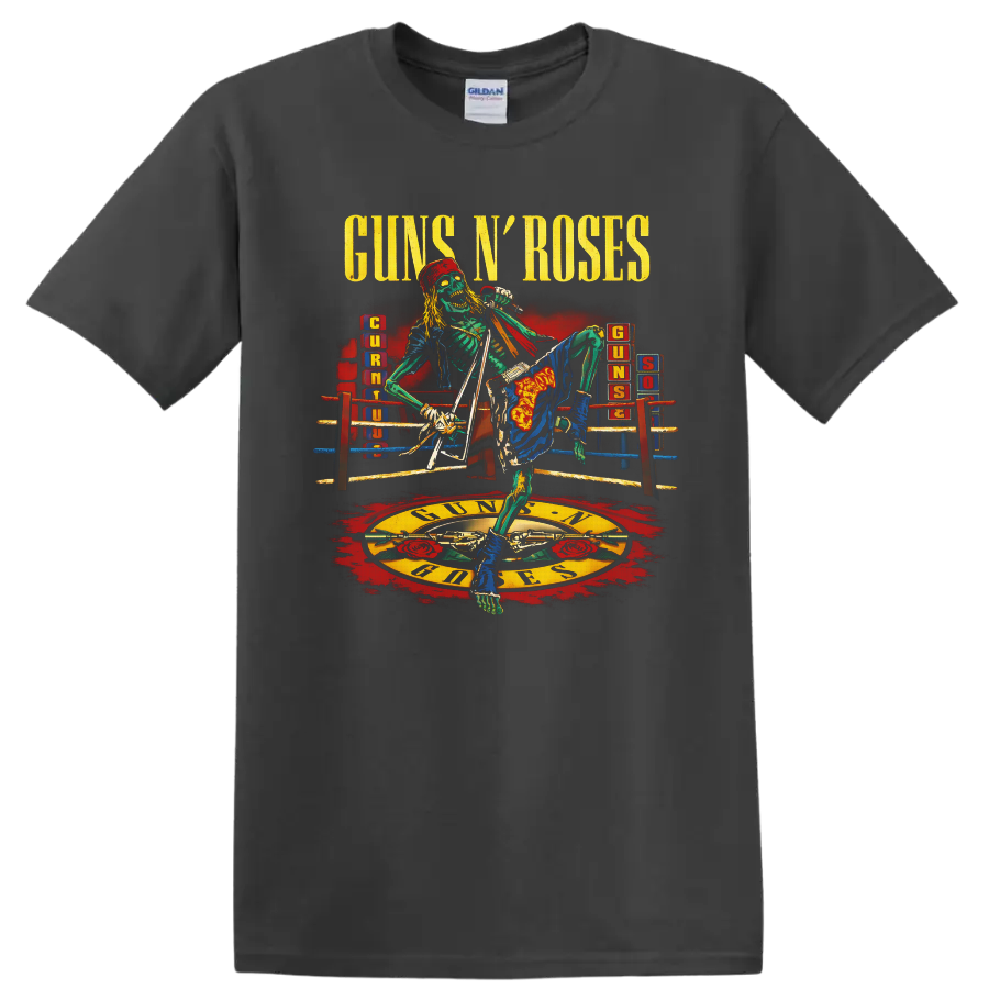 Guns N' Roses skeleton singer in a boxing ring with roses and crossed pistols on a Charcoal T Shirt
