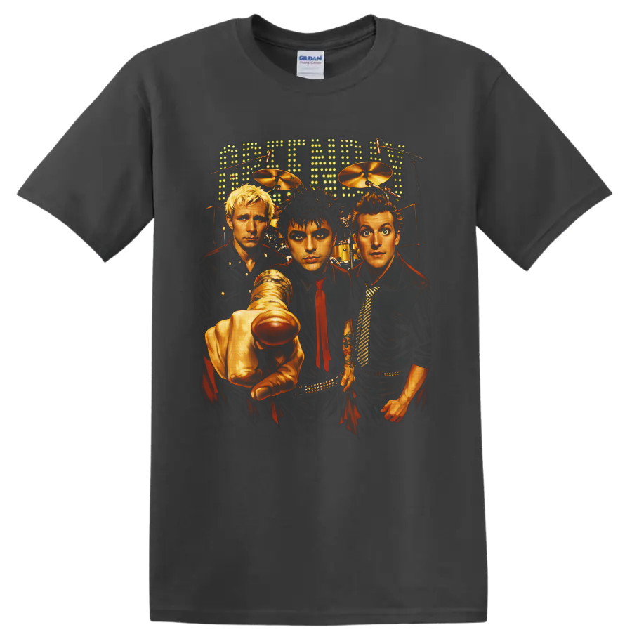 Green Day trio stage portrait with drums, microphones, and glowing marquee lights on a Charcoal T Shirt