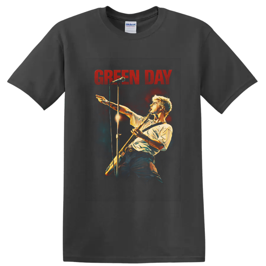 Billie Joe Armstrong concert illustration with guitar, microphone, and GREEN DAY text on a Charcoal T Shirt