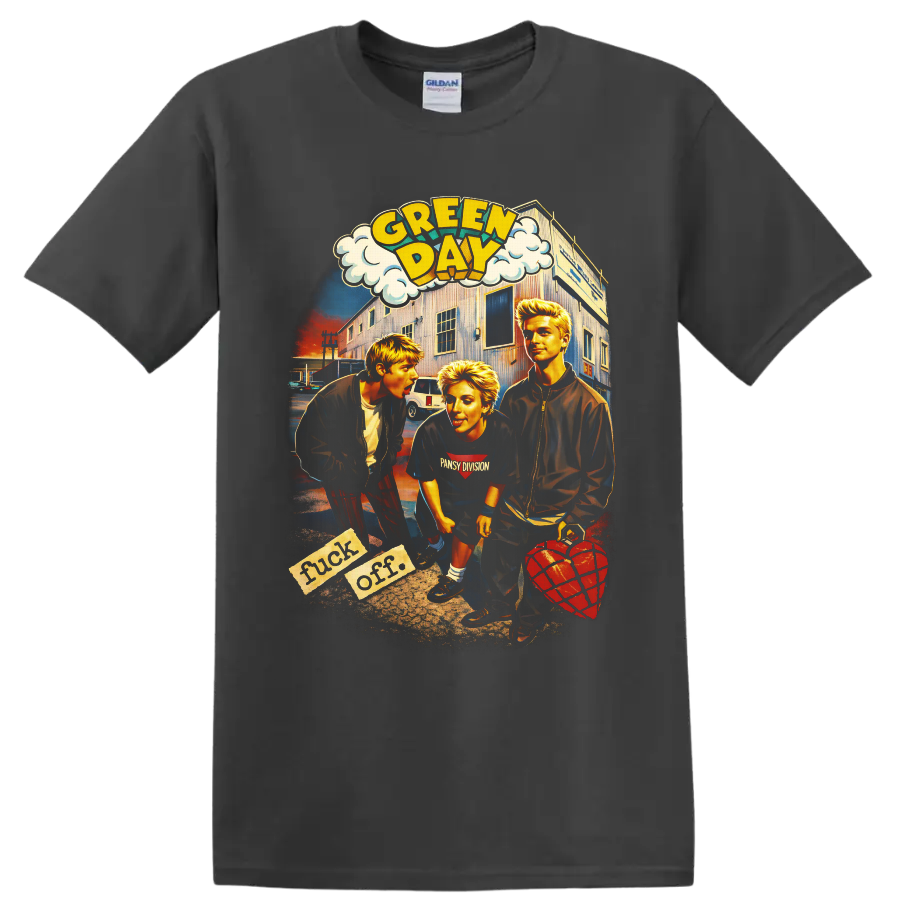 Green Day American Idiot comic street scene with three figures and heart grenade on a Charcoal T Shirt