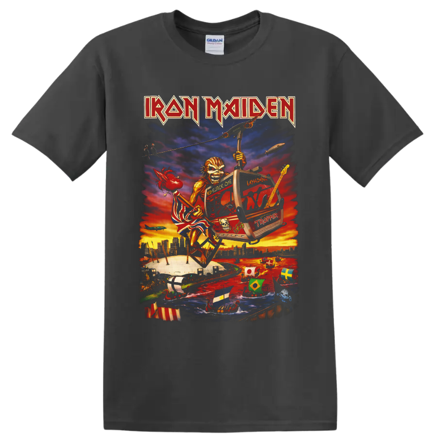 Iron Maiden Eddie airship illustration over London with guitar, longships, and sunset on a Charcoal T Shirt