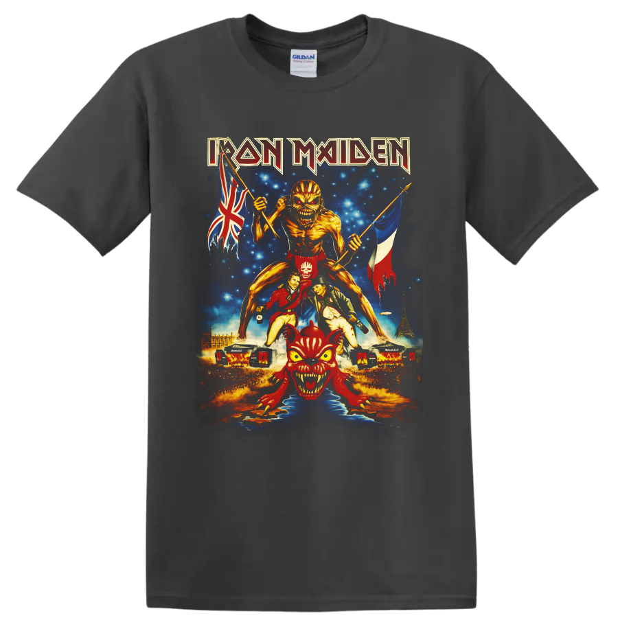 Iron Maiden Eddie Book of Souls tour art with British and French flags and Paris skyline on a Charcoal T Shirt