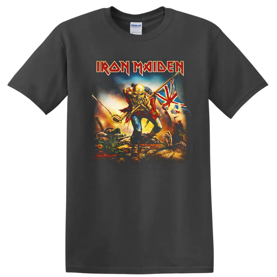 Iron Maiden The Trooper Eddie skeletal soldier with saber and tattered battle flag on a Charcoal T Shirt