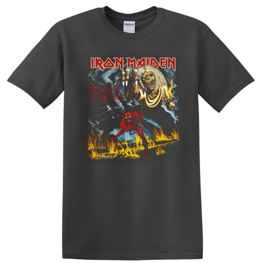 Iron Maiden The Number of the Beast Eddie horror art with lightning and flames on a Charcoal T Shirt