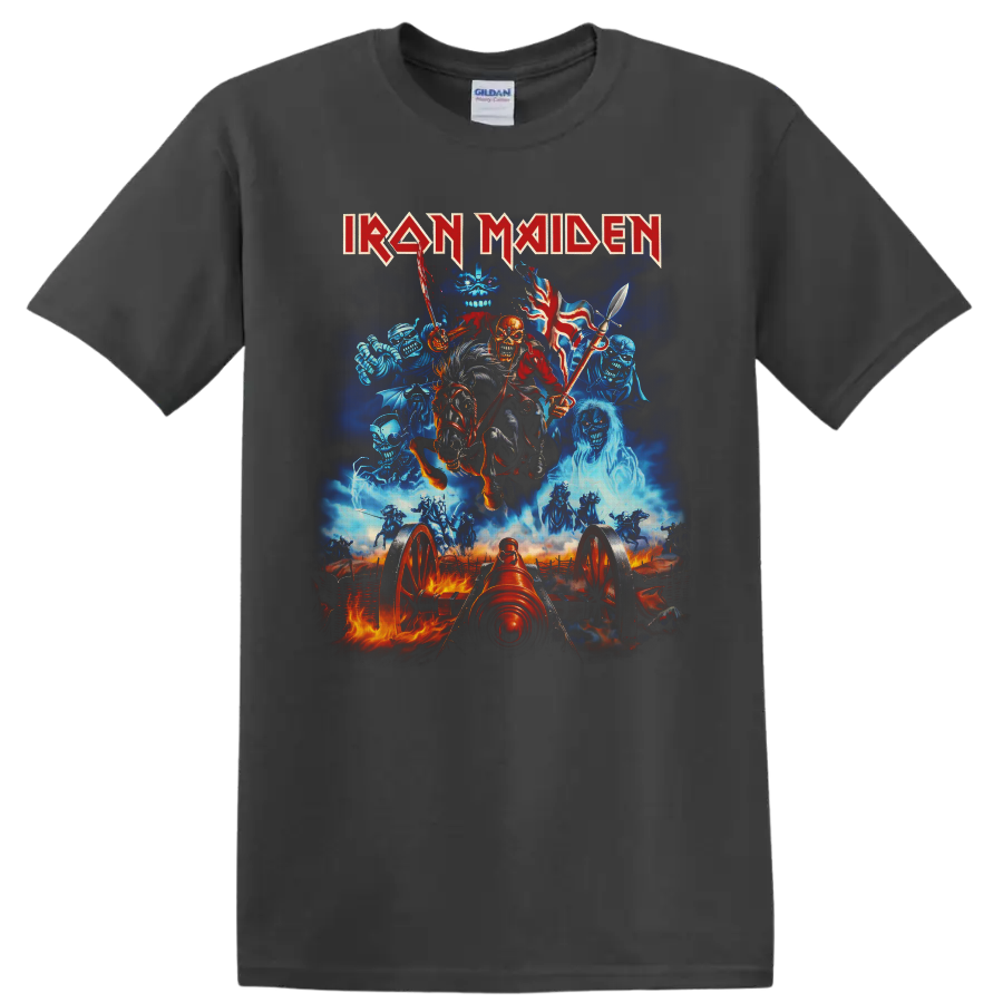 Iron Maiden Eddie skeletal cavalry rider with cannon and ghostly battlefield artwork on a Charcoal T Shirt