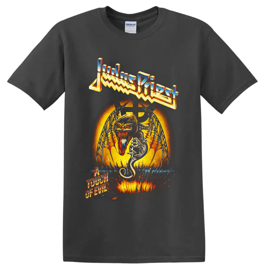 Judas Priest A Touch of Evil demon and snake heavy metal artwork on a Charcoal T Shirt