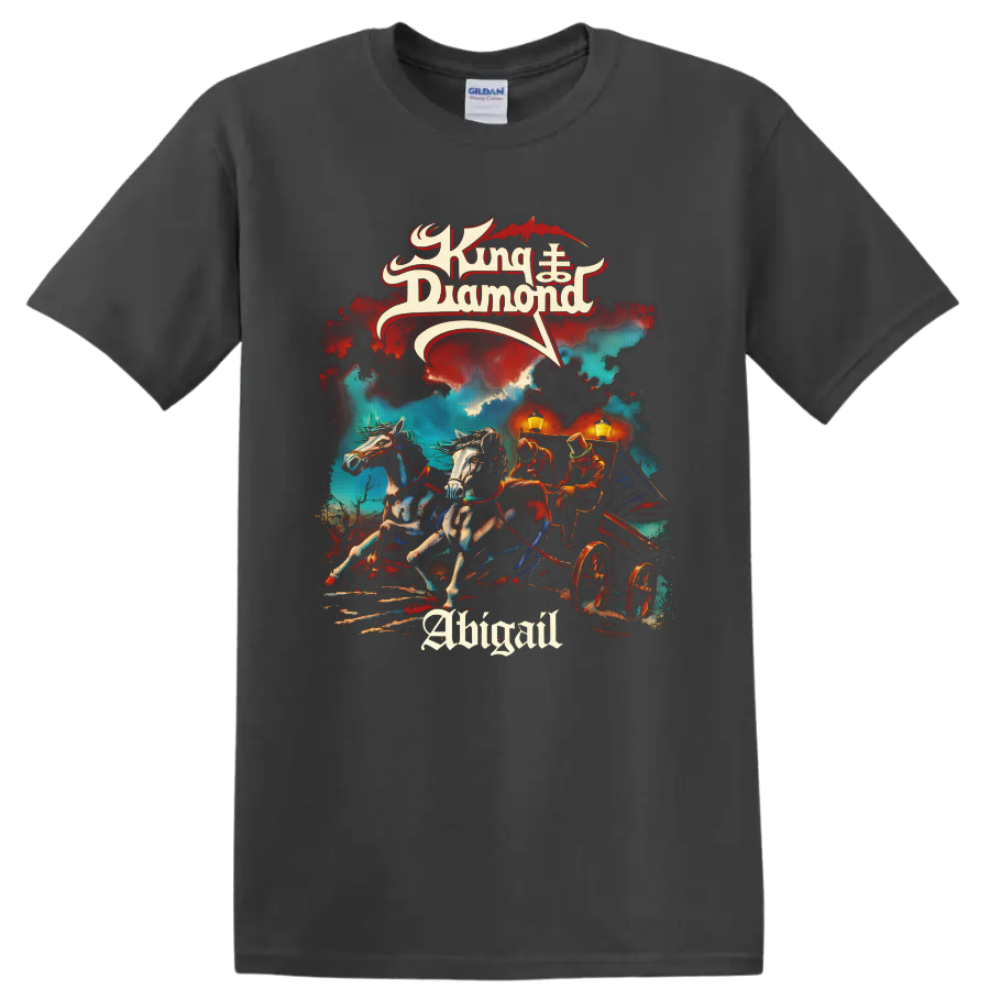 King Diamond Abigail gothic horse-drawn carriage artwork with storm clouds and lanterns on a Charcoal T Shirt