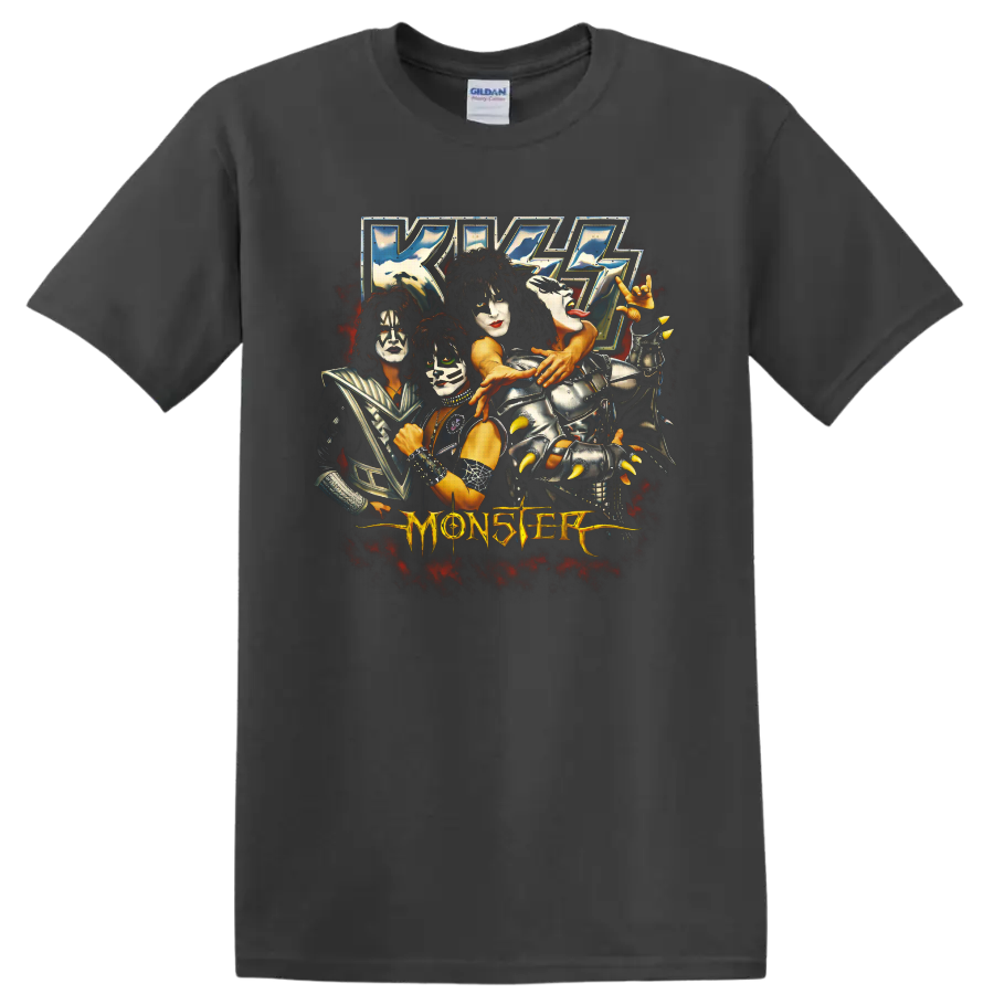 KISS Monster album artwork with four face-painted performers and fiery red smoke on a Charcoal T Shirt