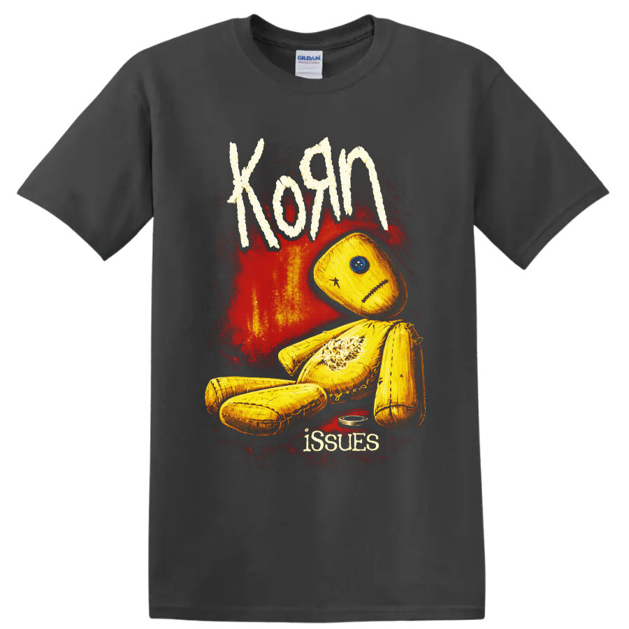 Korn Issues yellow stitched doll with blue button eye and red distressed artwork on a Charcoal T Shirt