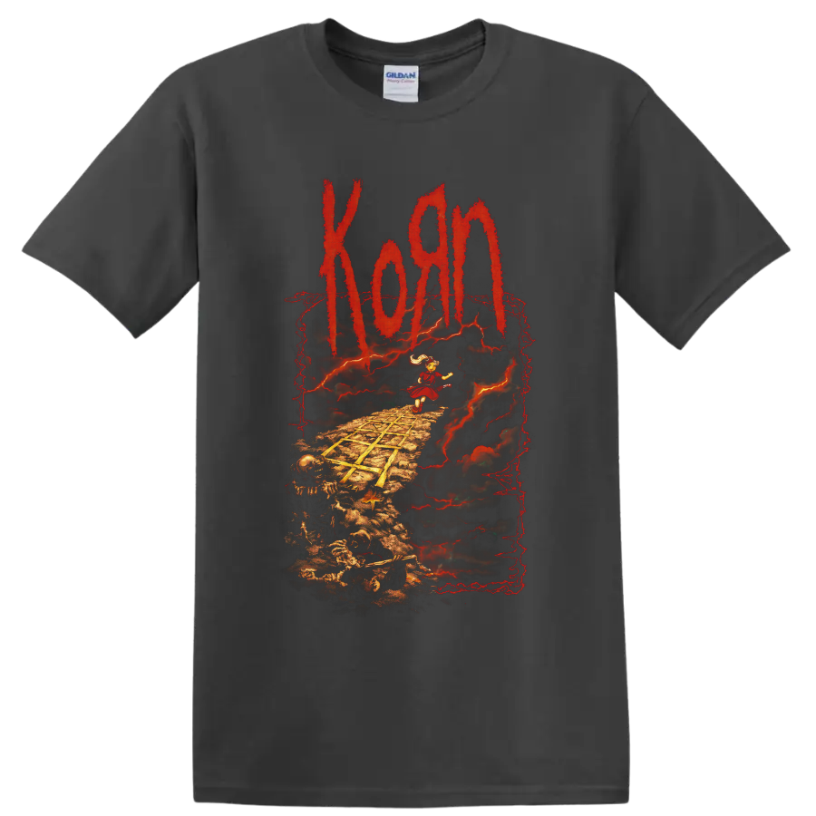 Korn Follow the Leader art with child, skeleton path, red lightning and distressed logo on a Charcoal T Shirt