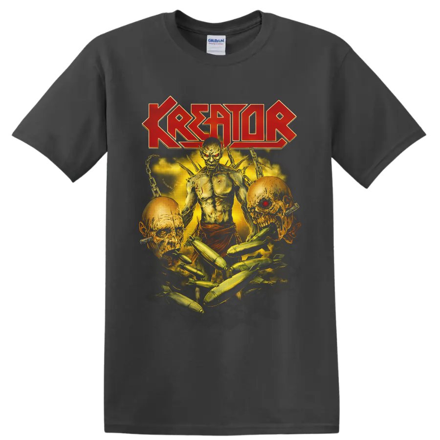 Kreator logo above undead warrior, skulls, chains, smoke, and bomb horror artwork on a Charcoal T Shirt