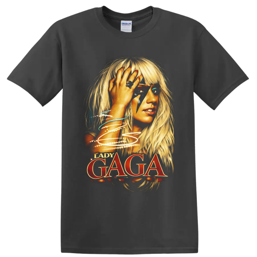 Lady Gaga portrait with lightning makeup, glowing light trails, and bold red lettering on a Charcoal T Shirt