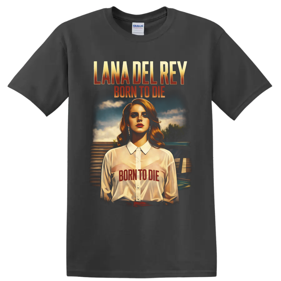 Lana Del Rey Born to Die retro portrait with distressed album lettering and vintage car on a Charcoal T Shirt