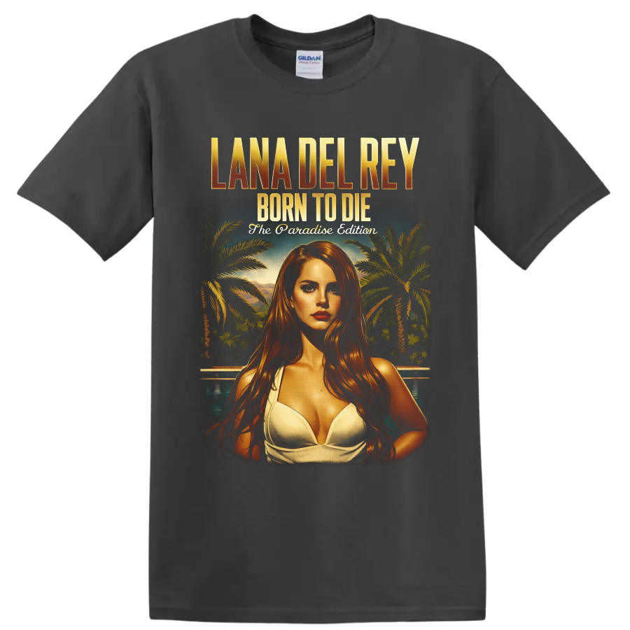 Lana Del Rey Born to Die Paradise Edition tropical portrait with palm trees and pool on a Charcoal T Shirt