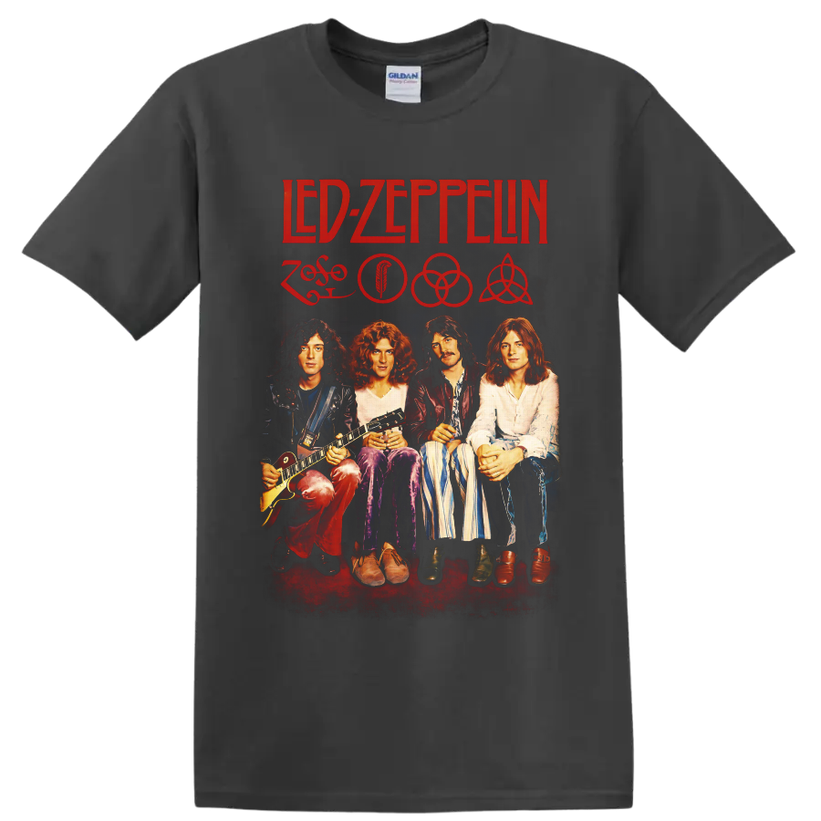 Led Zeppelin four-member portrait with red logo, symbols, and vintage rock poster style on a Charcoal T Shirt