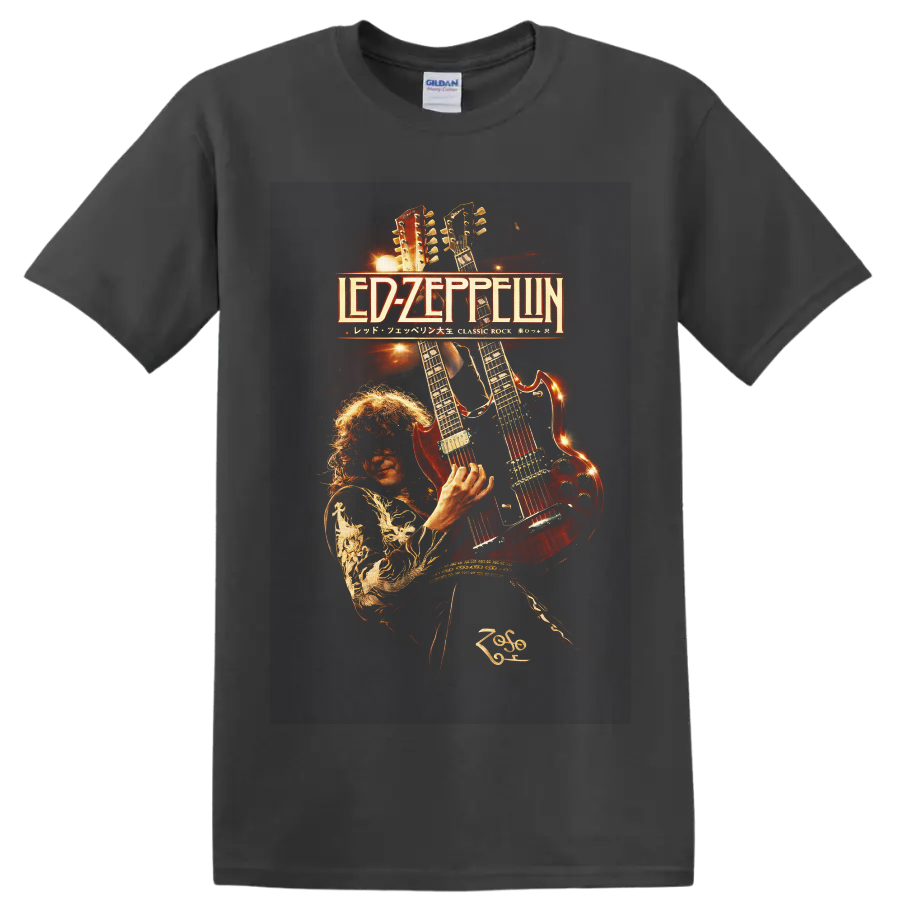 Jimmy Page with double-neck guitar in fiery Led Zeppelin concert poster art on a Charcoal T Shirt