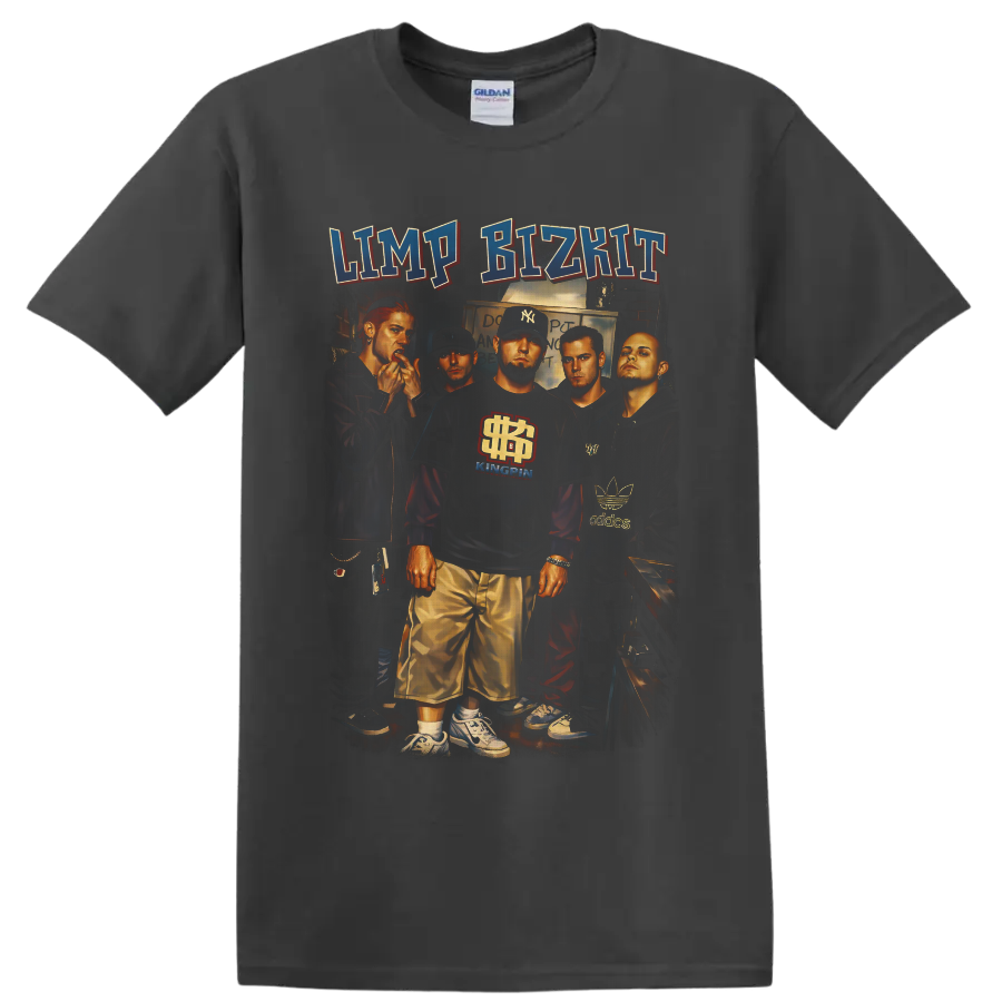 Limp Bizkit illustrated group portrait with bold collegiate-style logo lettering on a Charcoal T Shirt
