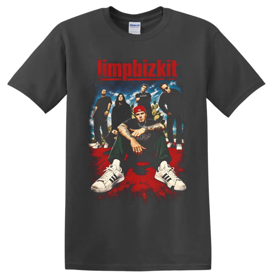 Limp Bizkit band portrait with Fred Durst, distressed red logo, cacti, and poster art on a Charcoal T Shirt
