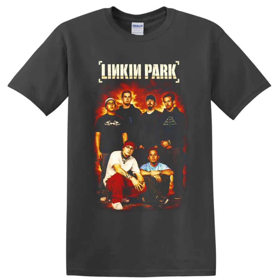 Linkin Park six-member portrait with distressed lettering and fiery rock poster backdrop on a Charcoal T Shirt