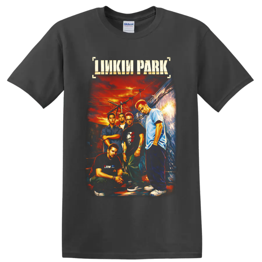 Linkin Park band portrait with distressed logo, urban alley, power lines, and fiery sunset on a Charcoal T Shirt