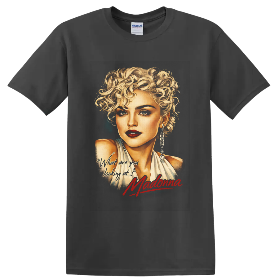 Madonna blonde glamour portrait with red signature and handwritten phrase on a Charcoal T Shirt