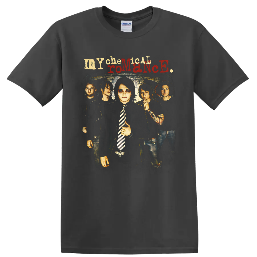 My Chemical Romance five-member gothic band portrait with distressed lettering on a Charcoal T Shirt