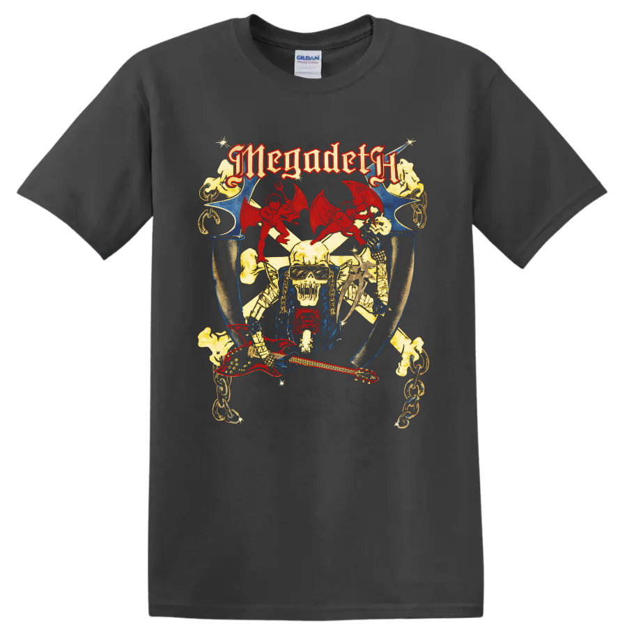 Megadeth Vic Rattlehead vintage metal art with red guitar, chains, demons, and skull on a Charcoal T Shirt