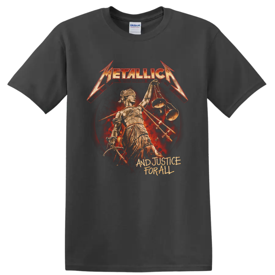 Metallica And Justice for All Lady Justice scales distressed album artwork on a Charcoal T Shirt