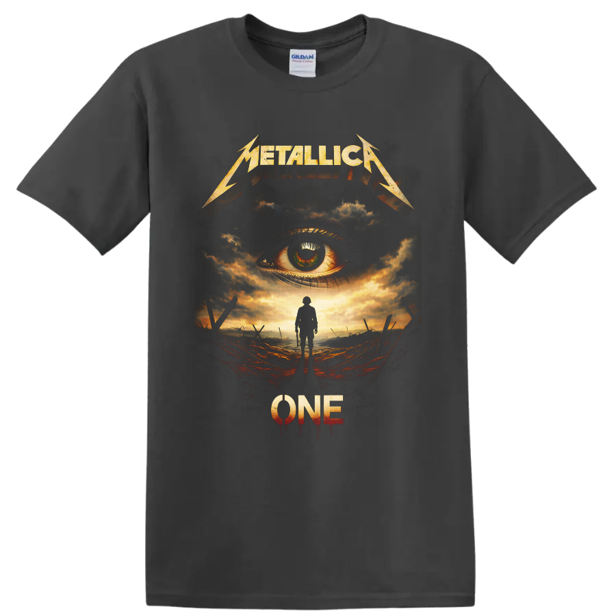 Metallica One distressed graphic with soldier, watchful eye, storm clouds, and battlefield on a Charcoal T Shirt