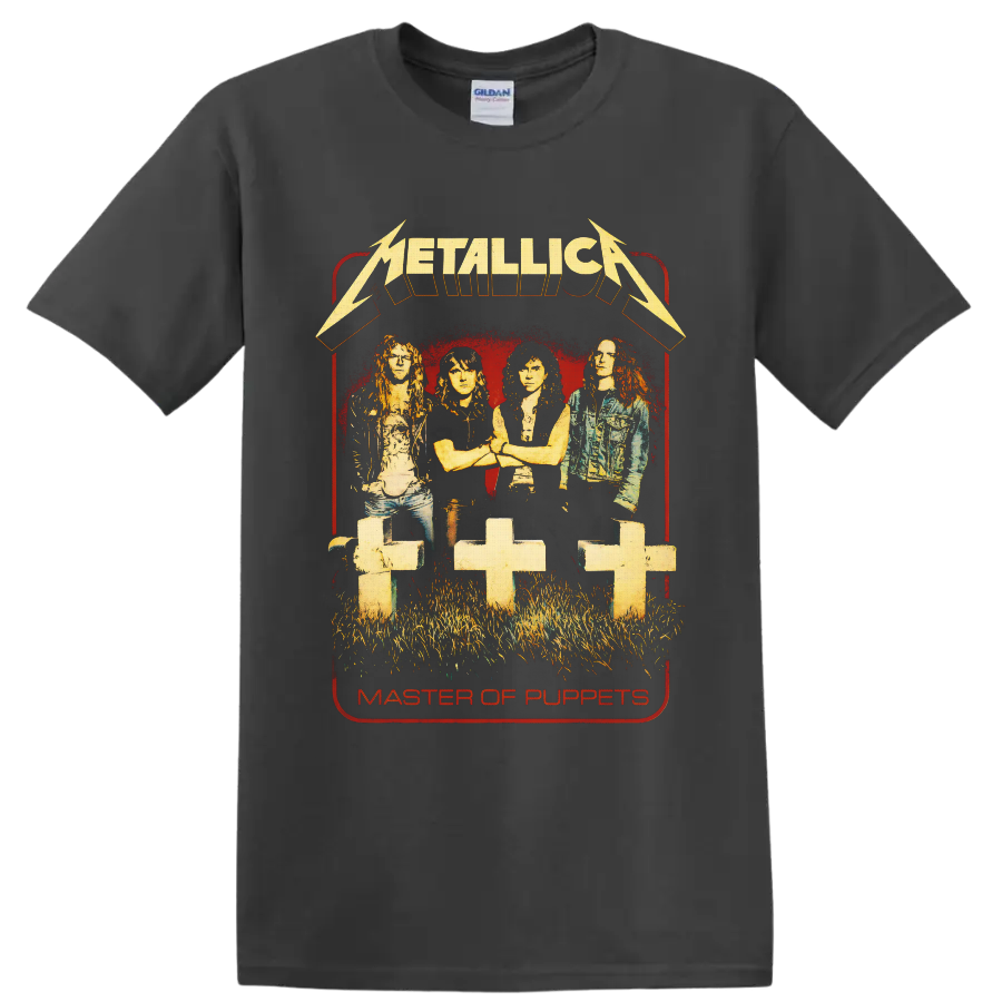 Metallica Master of Puppets band portrait with graveyard crosses and distressed logo on a Charcoal T Shirt