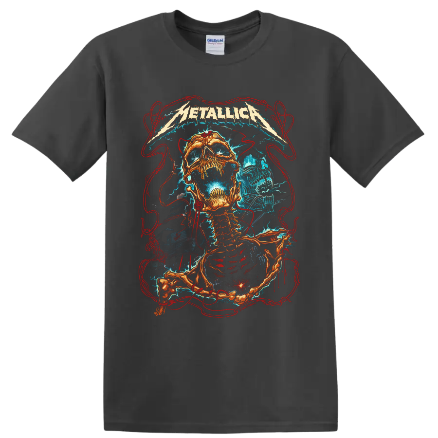 Metallica logo above fiery skeleton and blue skull lightning heavy metal artwork on a Charcoal T Shirt