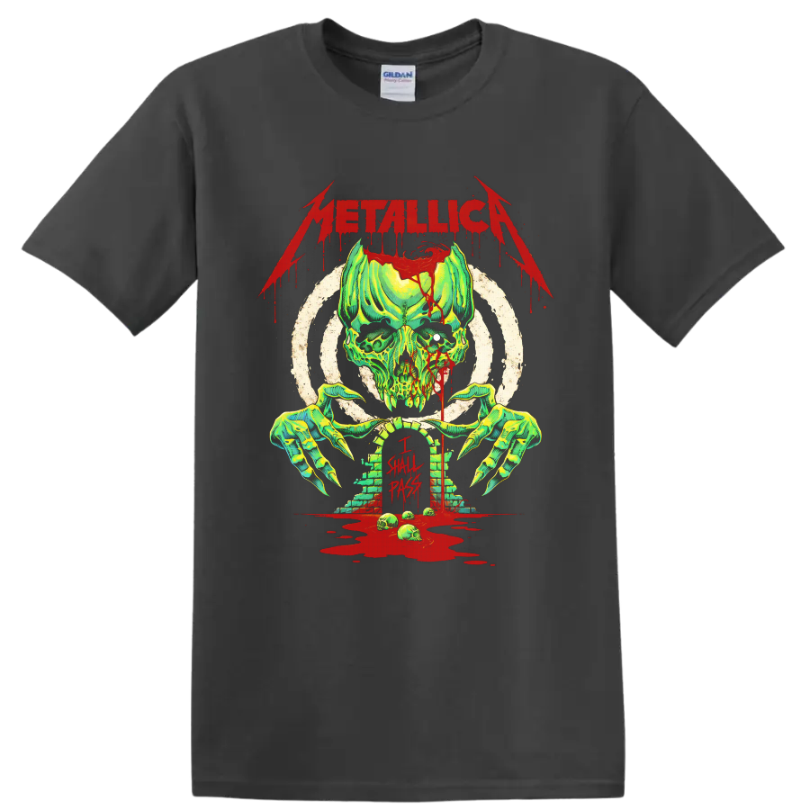 Metallica Creeping Death horror skull and claw graphic with I Shall Pass text on a Charcoal T Shirt