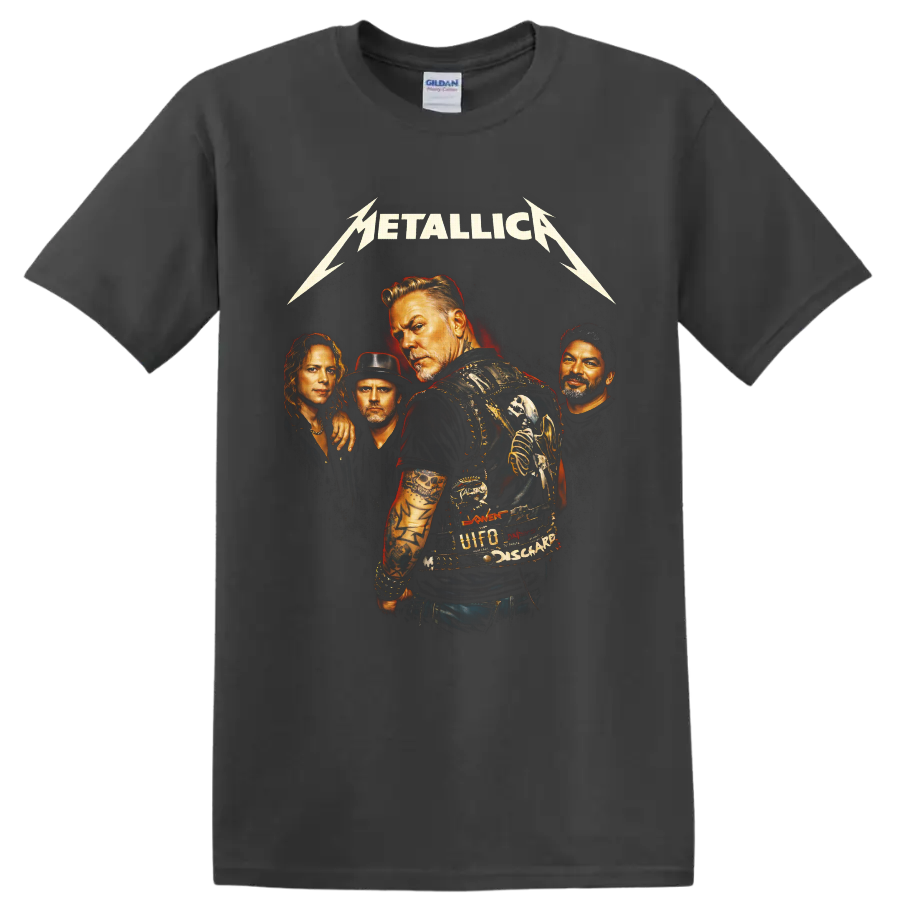 Metallica four-member portrait with lightning logo and vintage heavy metal poster art on a Charcoal T Shirt