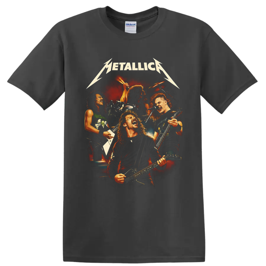Metallica live concert collage with four musicians, guitars, drums, and fiery stage lights on a Charcoal T Shirt
