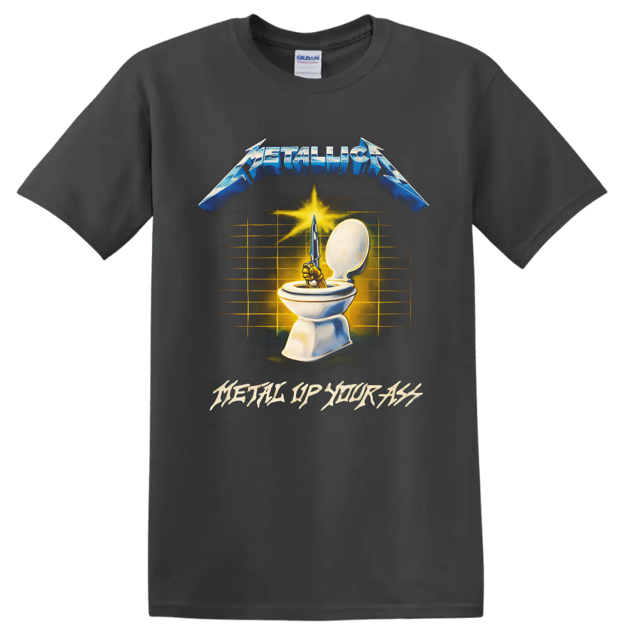 Metallica Metal Up Your Ass sword and toilet artwork with blue logo and gold burst on a Charcoal T Shirt