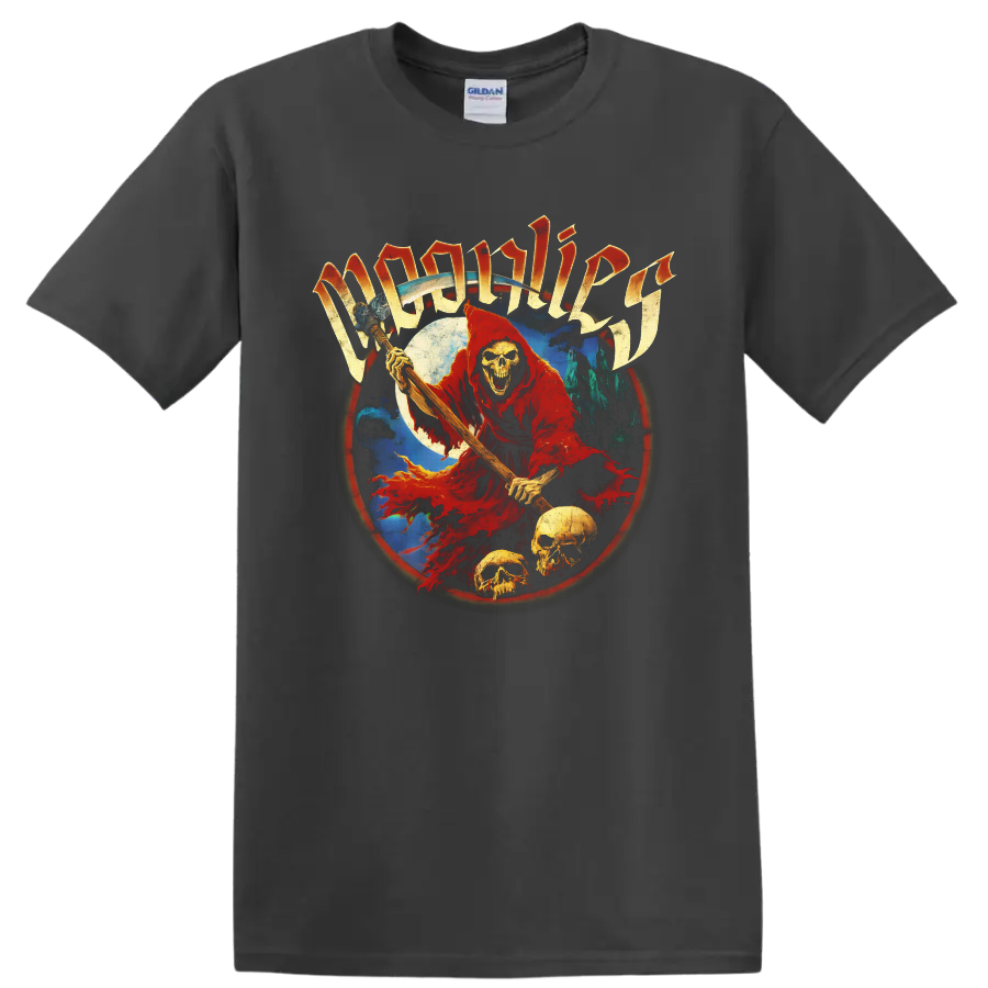 Moonlies red hooded skeletal reaper with skulls, moon, and gothic lettering on a Charcoal T Shirt
