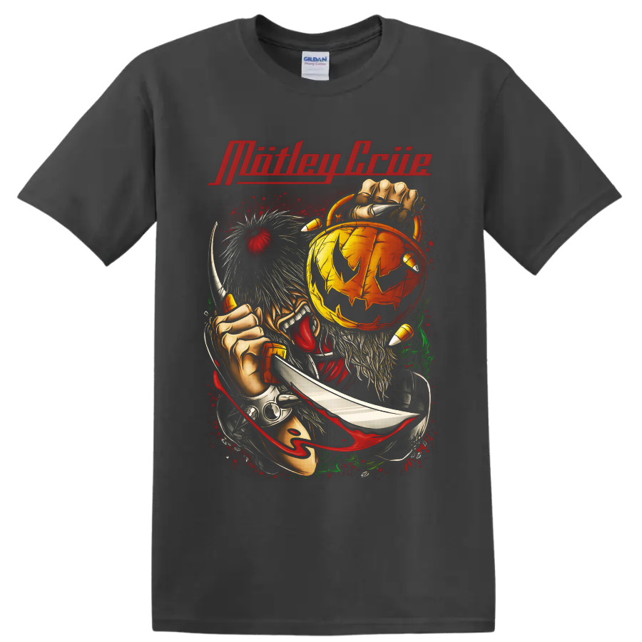 Mötley Crüe horror pumpkin with clawed figure, knife, and red splatter art on a Charcoal T Shirt