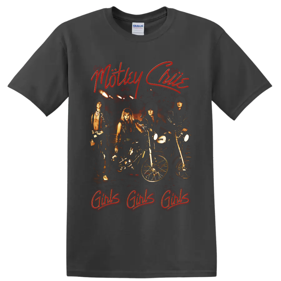 Mötley Crüe Girls Girls Girls biker graphic with motorcycles and red script on a Charcoal T Shirt