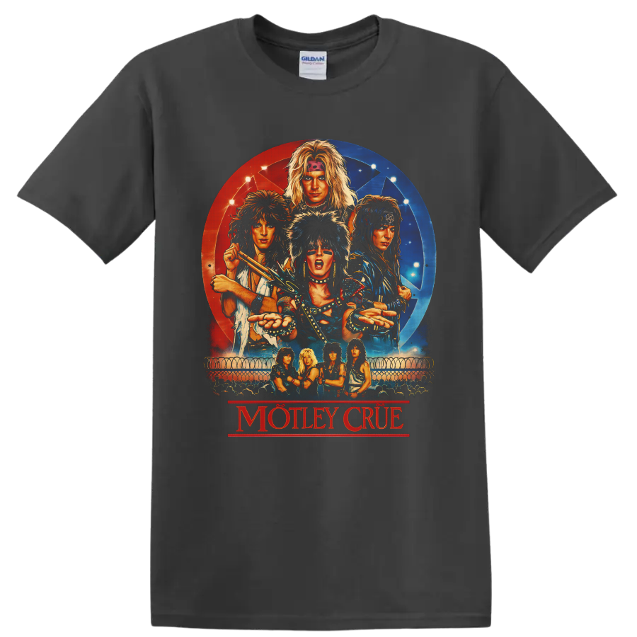 Mötley Crüe illustrated glam metal band portraits with red and blue concert poster on a Charcoal T Shirt