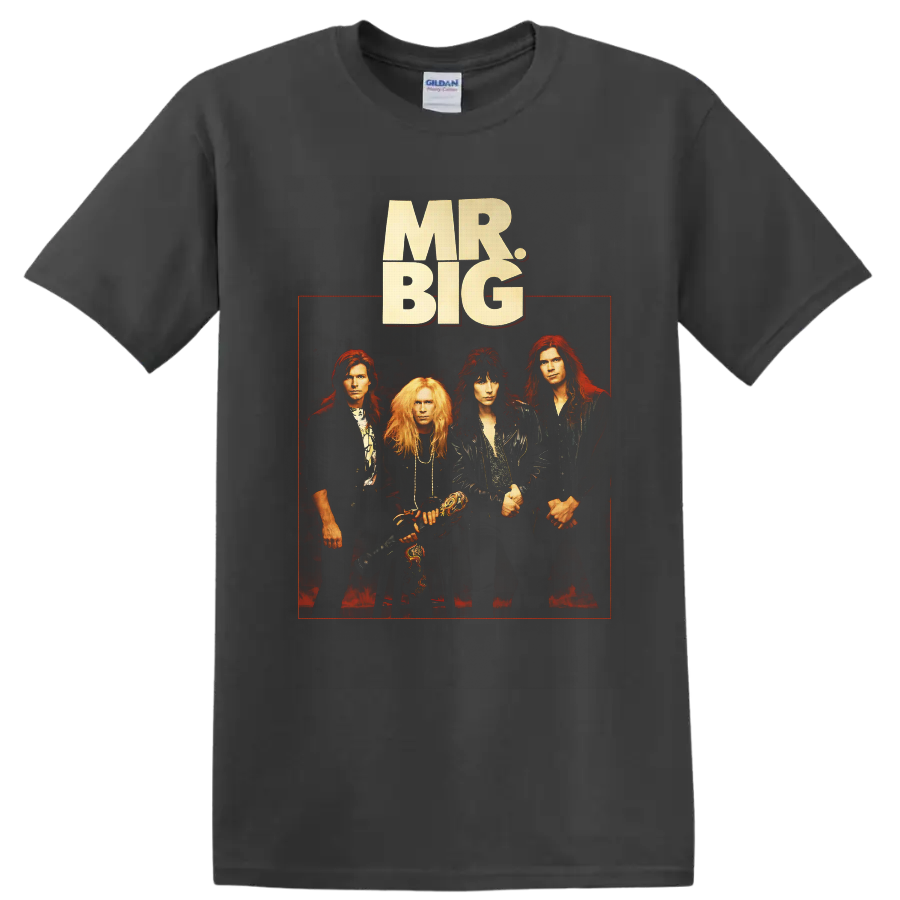 Mr. Big four-member hard rock portrait with cream logo and red concert-poster frame on a Charcoal T Shirt