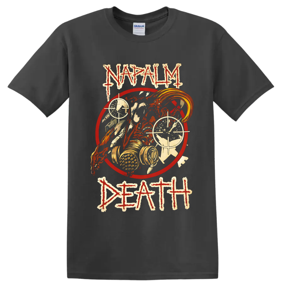 Napalm Death Life? distressed gas mask skull and crosshair death metal graphic on a Charcoal T Shirt
