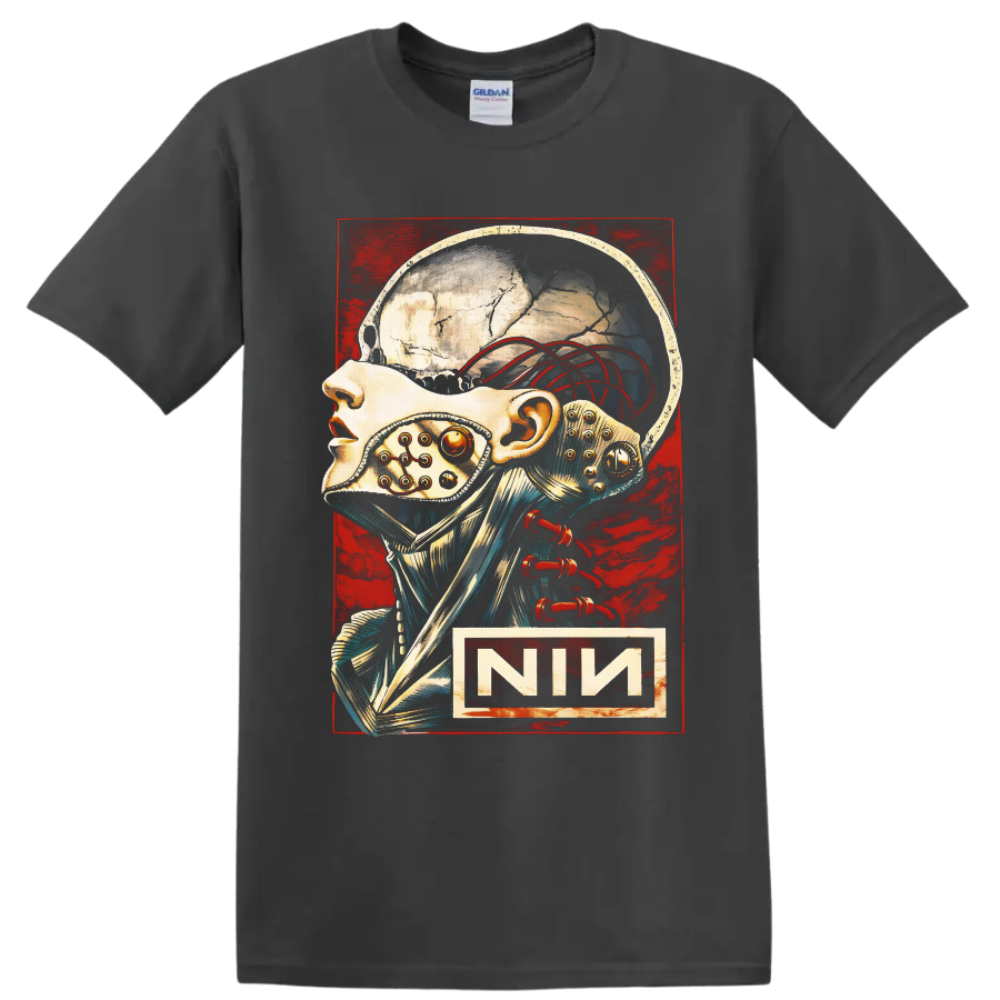 Nine Inch Nails cybernetic skull illustration with red wires and distressed industrial on a Charcoal T Shirt