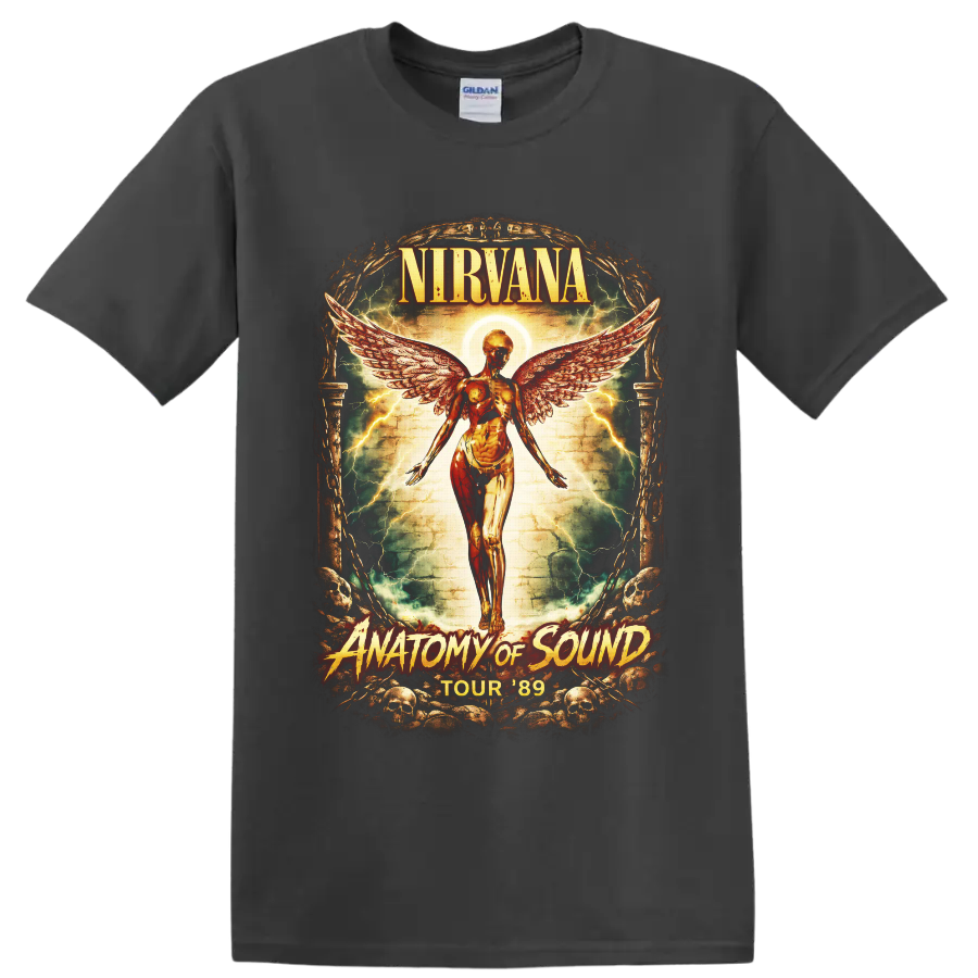Nirvana Anatomy of Sound Tour 89 angel wings gothic concert-poster design on a Charcoal T Shirt