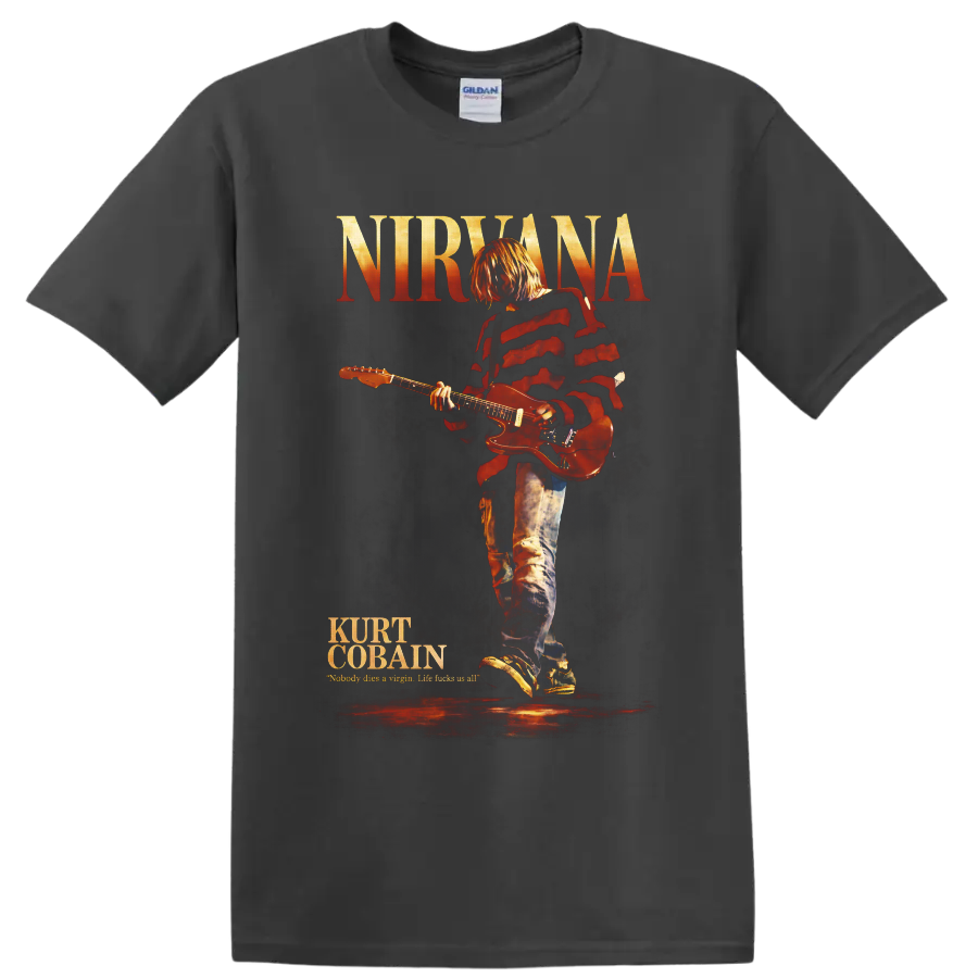 Kurt Cobain playing guitar beneath Nirvana text in distressed red concert poster style on a Charcoal T Shirt