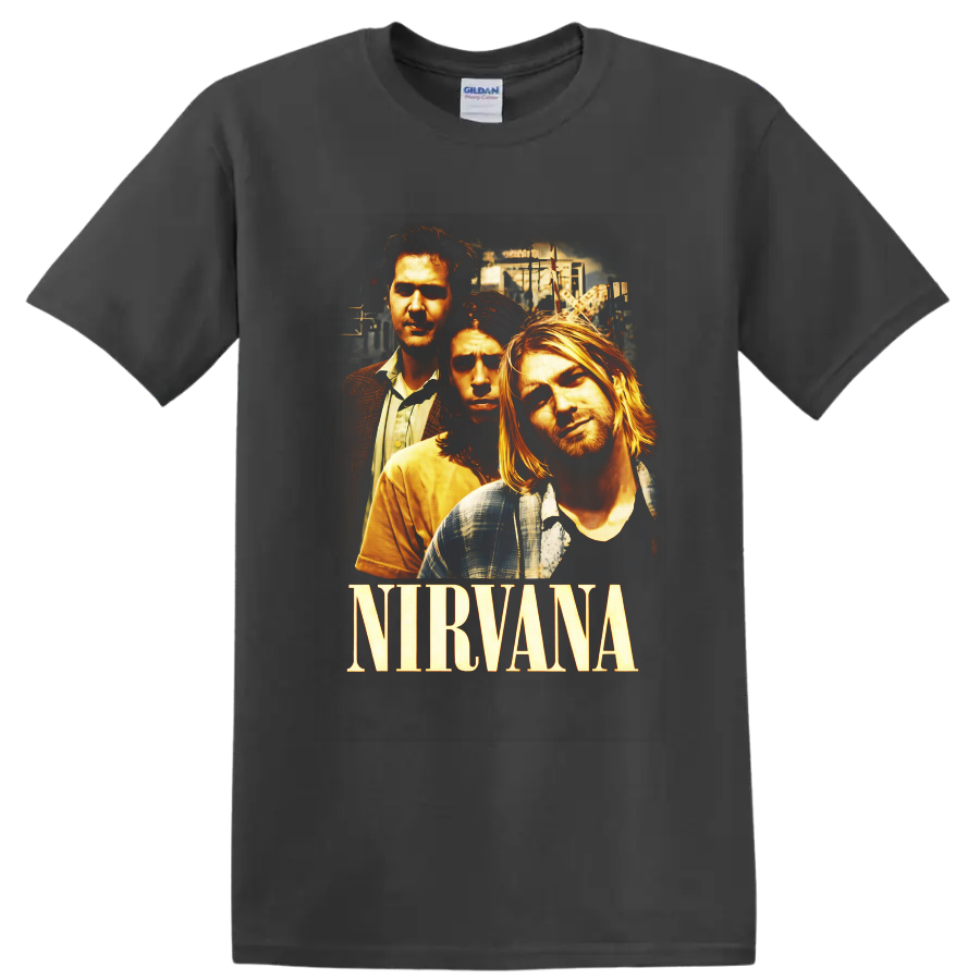 Nirvana portrait graphic with Kurt Cobain, Dave Grohl, Krist Novoselic, and band lettering on a Charcoal T Shirt