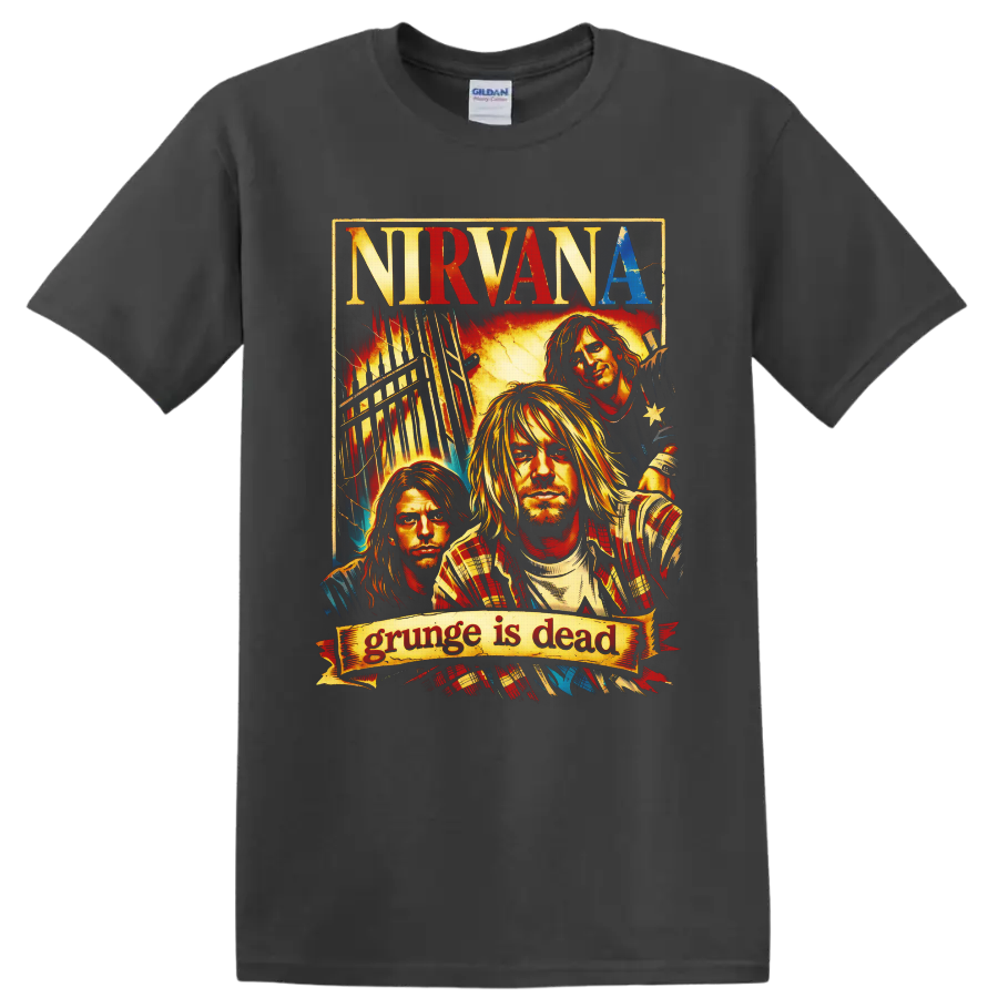 Nirvana grunge poster portrait of Kurt Cobain, Dave Grohl, and Krist Novoselic on a Charcoal T Shirt