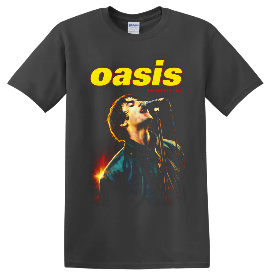 Liam Gallagher singing in Oasis Knebworth 1996 vintage concert poster design on a Charcoal T Shirt