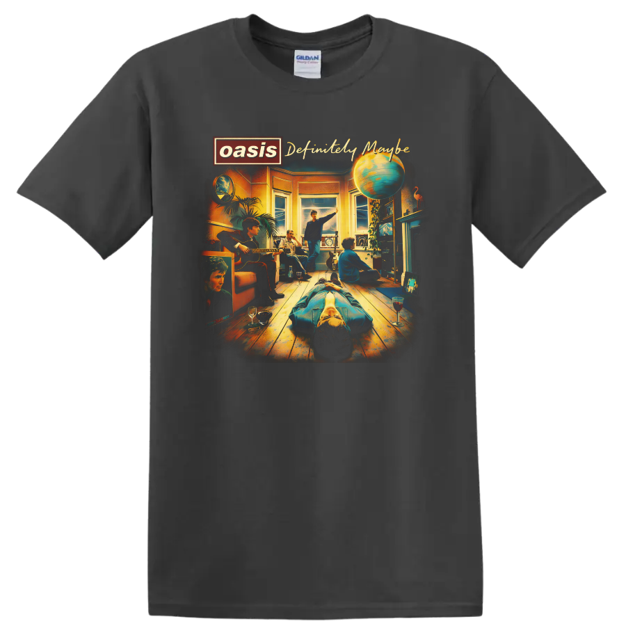 Oasis Definitely Maybe album cover illustration with band room scene and globe on a Charcoal T Shirt