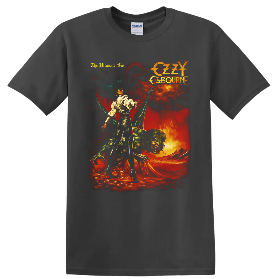 Ozzy Osbourne The Ultimate Sin gothic demon artwork with fiery vintage rock imagery on a Charcoal T Shirt